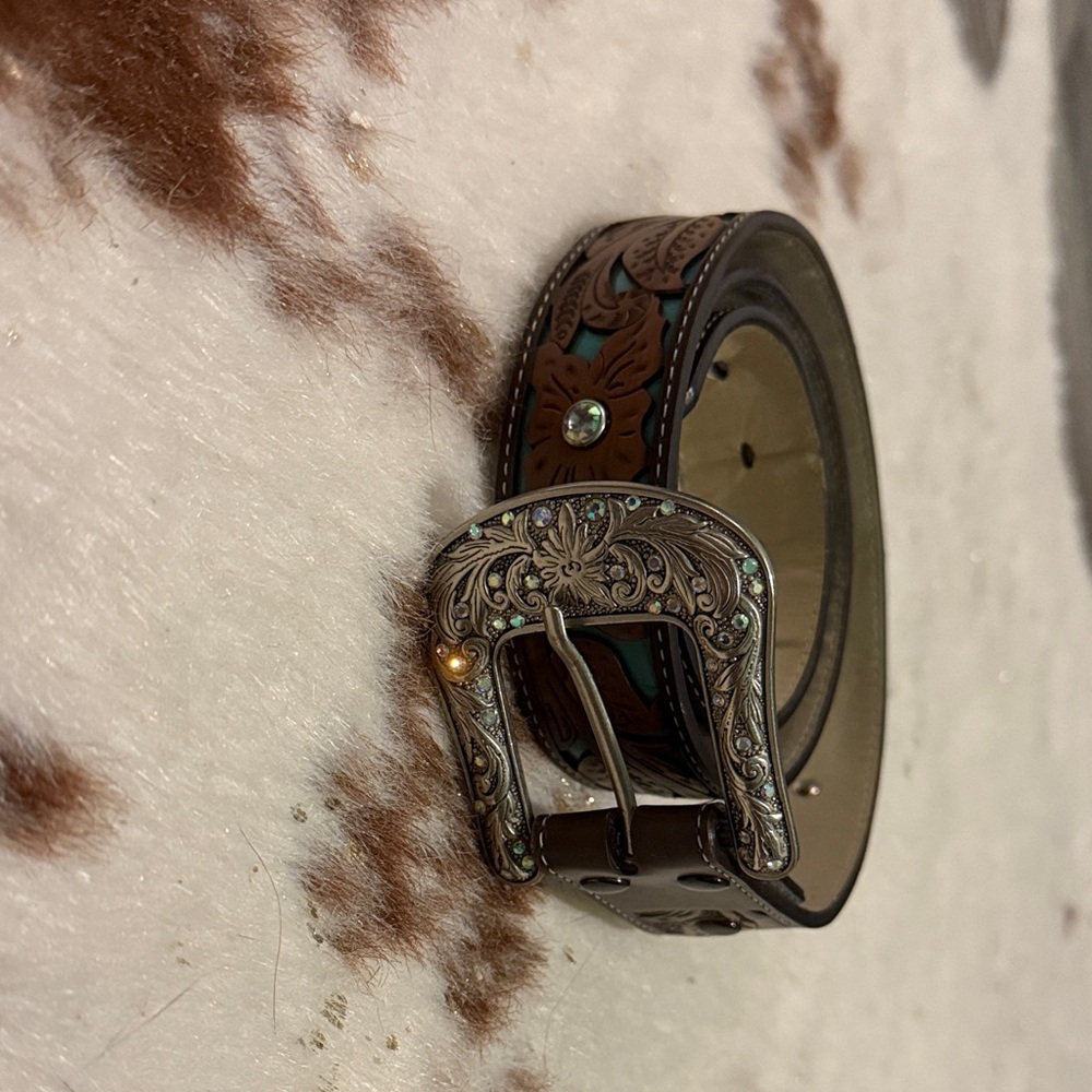 Brown and Silver tooled Leather Belt